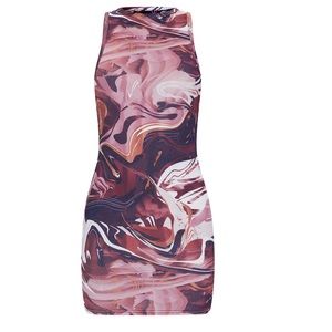 Brown Marble Print Rib Racer Neck Sleeveless Bodycon Dress